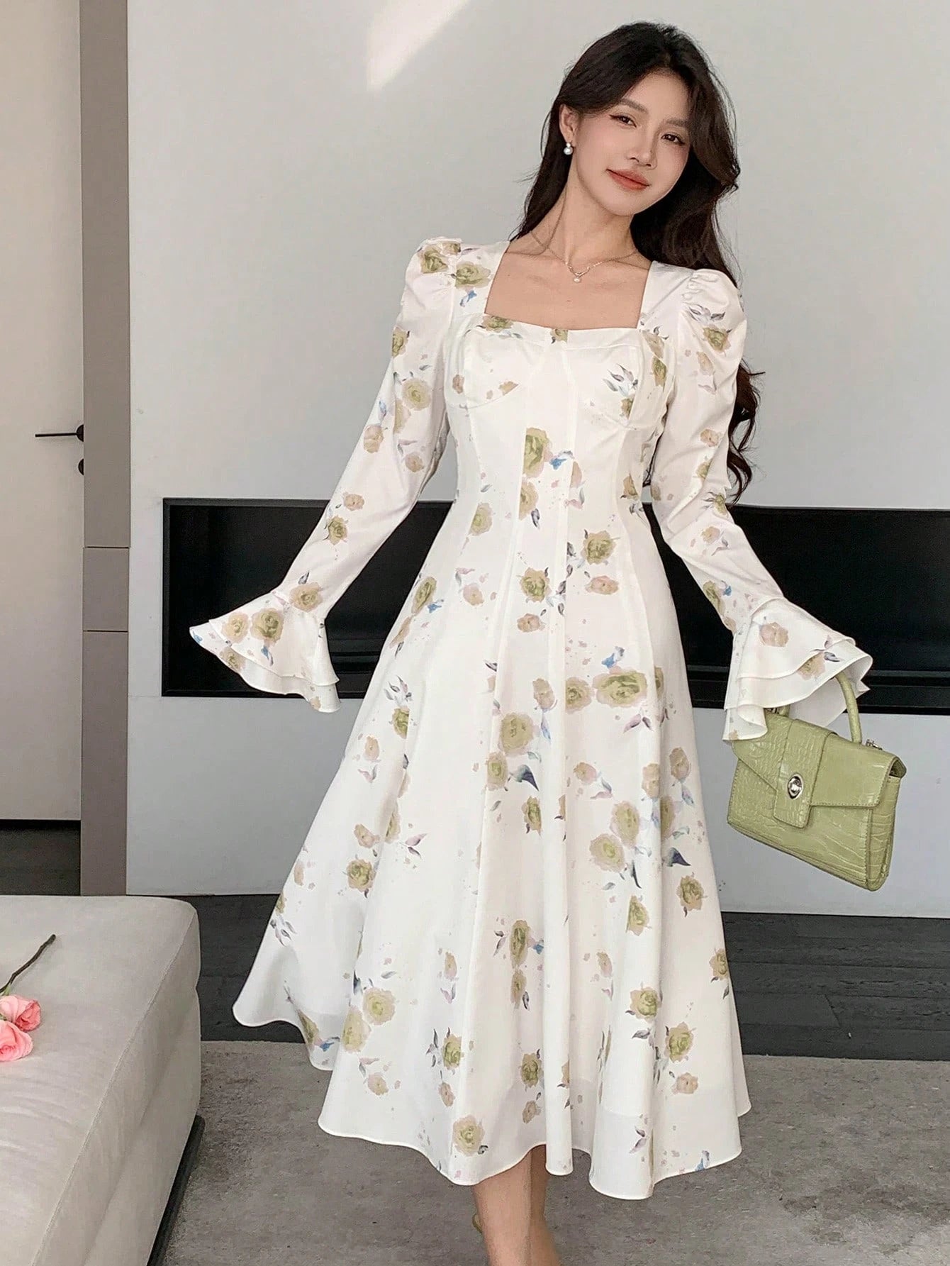 White and Blue Floral Midi Dress with Elegant Princess Style