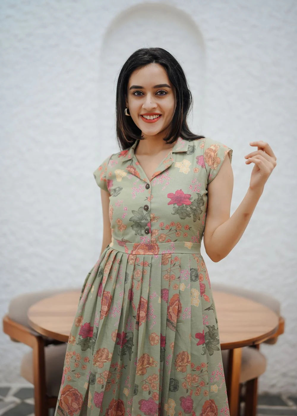 A graceful sage green &amp; multicolour floral print linen dress