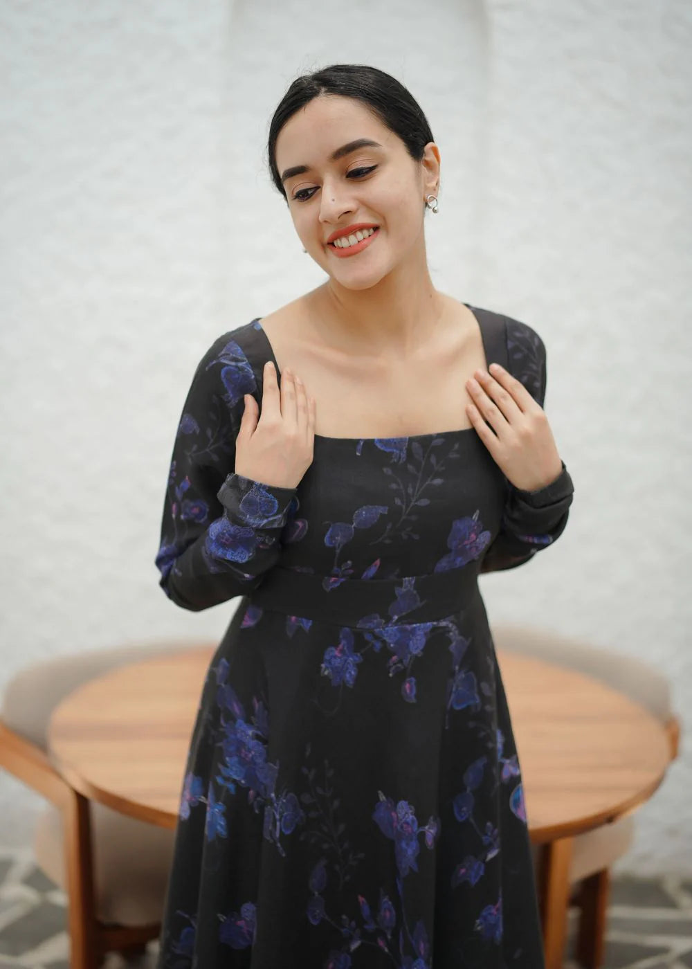 A beautiful black &amp; violet floral print dress