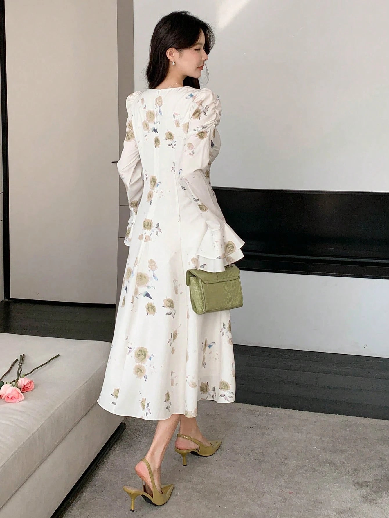 White and Blue Floral Midi Dress with Elegant Princess Style