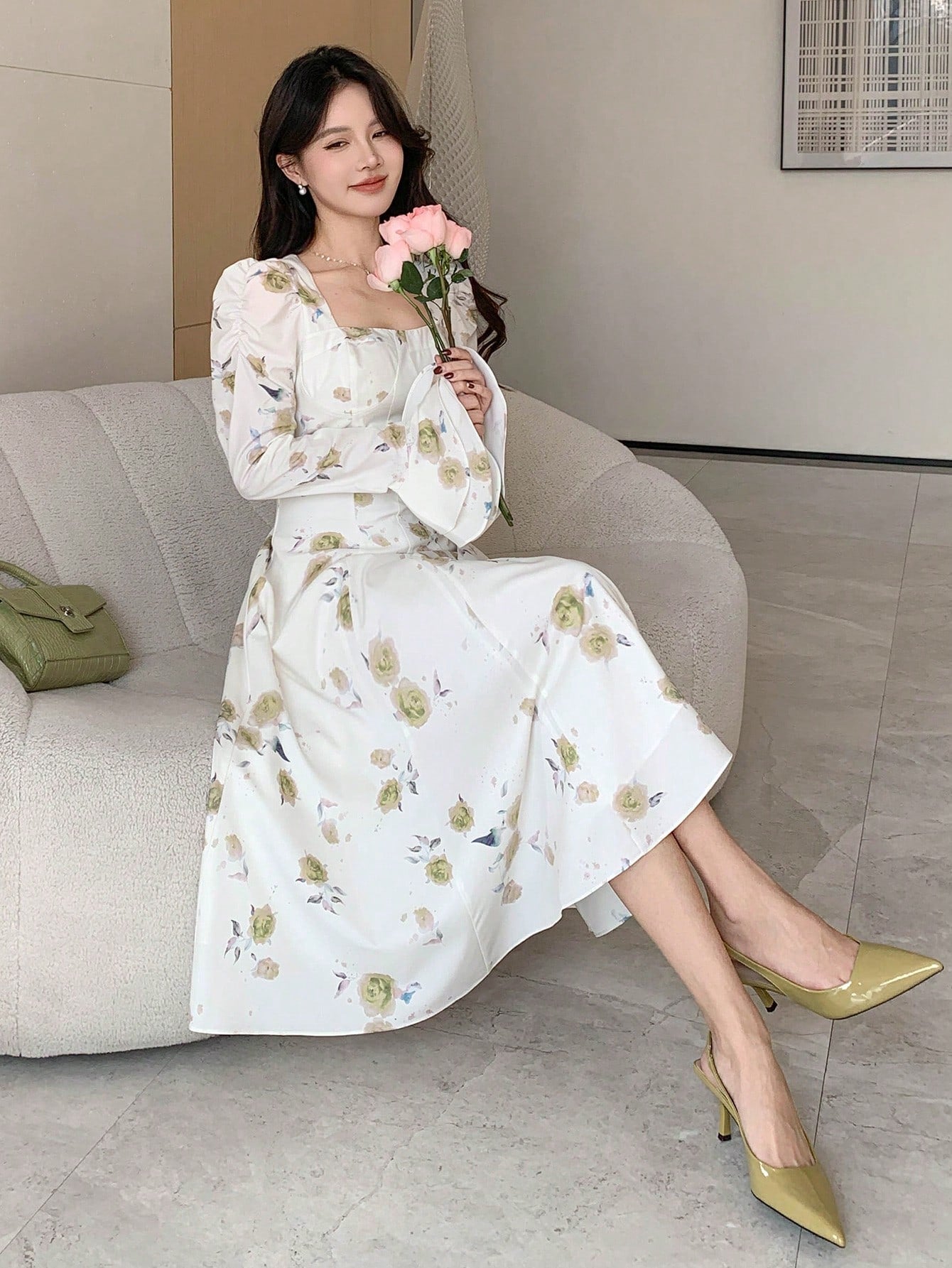 White and Blue Floral Midi Dress with Elegant Princess Style