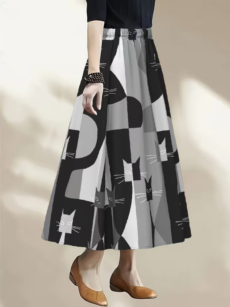 The "Feline Mod" Midi: Abstract Geometric A-Line Skirt