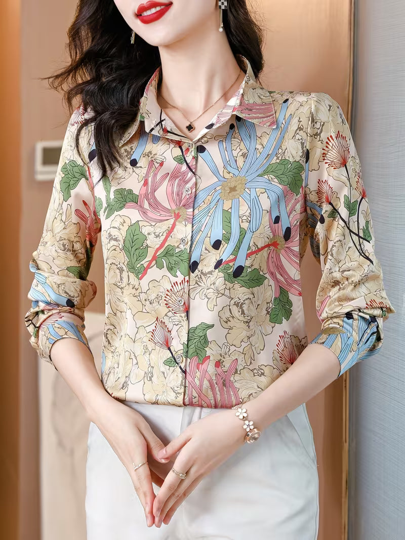 Luxury Silk-Blend Floral Print with Pointed Collar shirt