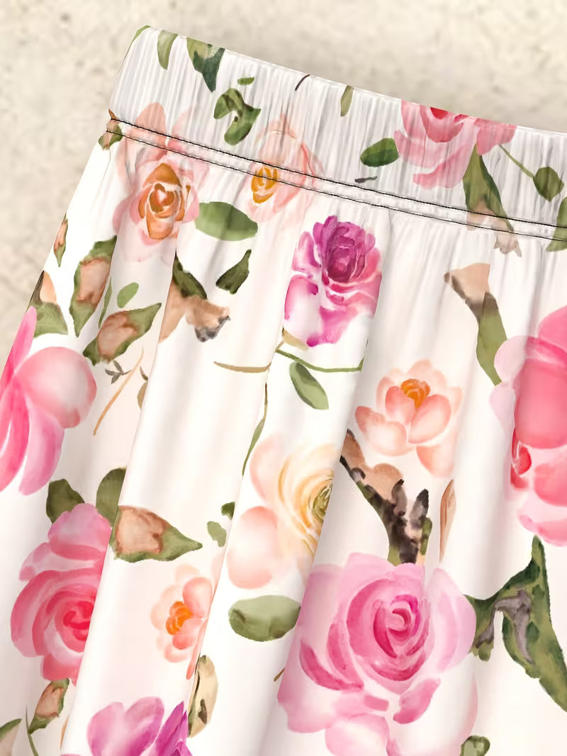 High-Waisted A-Line Floral Maxi Skirt - Romantic Rose Print Flowy Summer Skirt