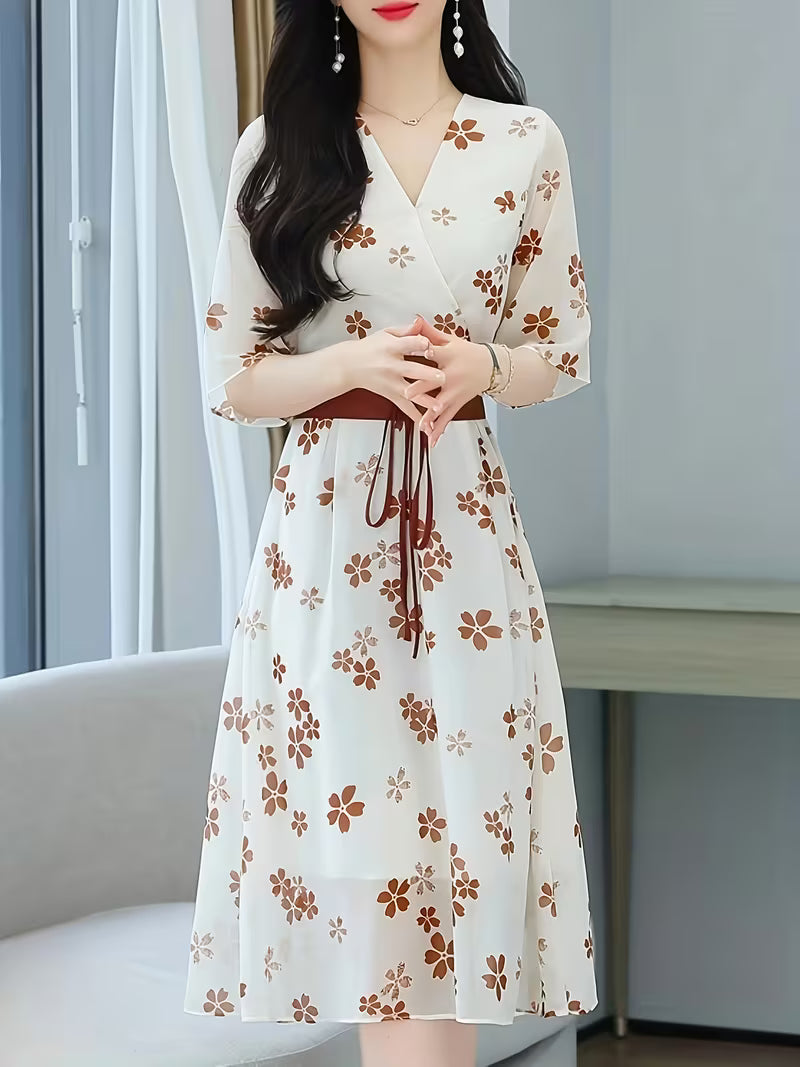 Brown Flower Print Casual with Belt  Midi Dress