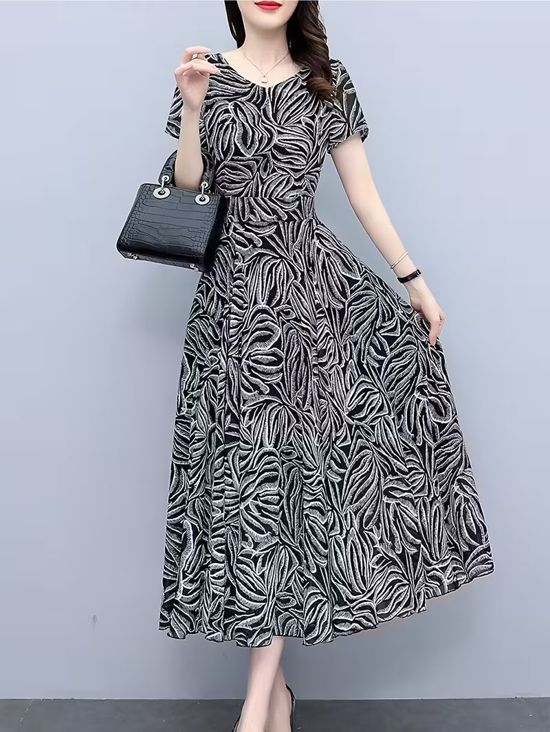Women’s Monochrome Leaf Print Long  Dress