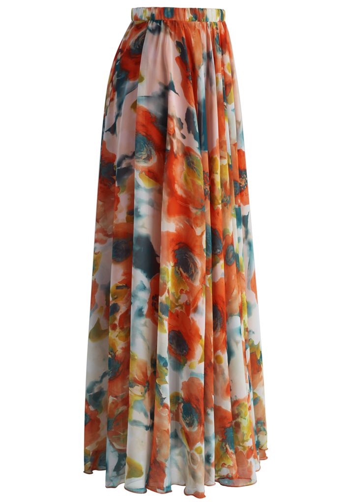 Sunset Canvas Multicolor Floral Print Flared Maxi Skirt