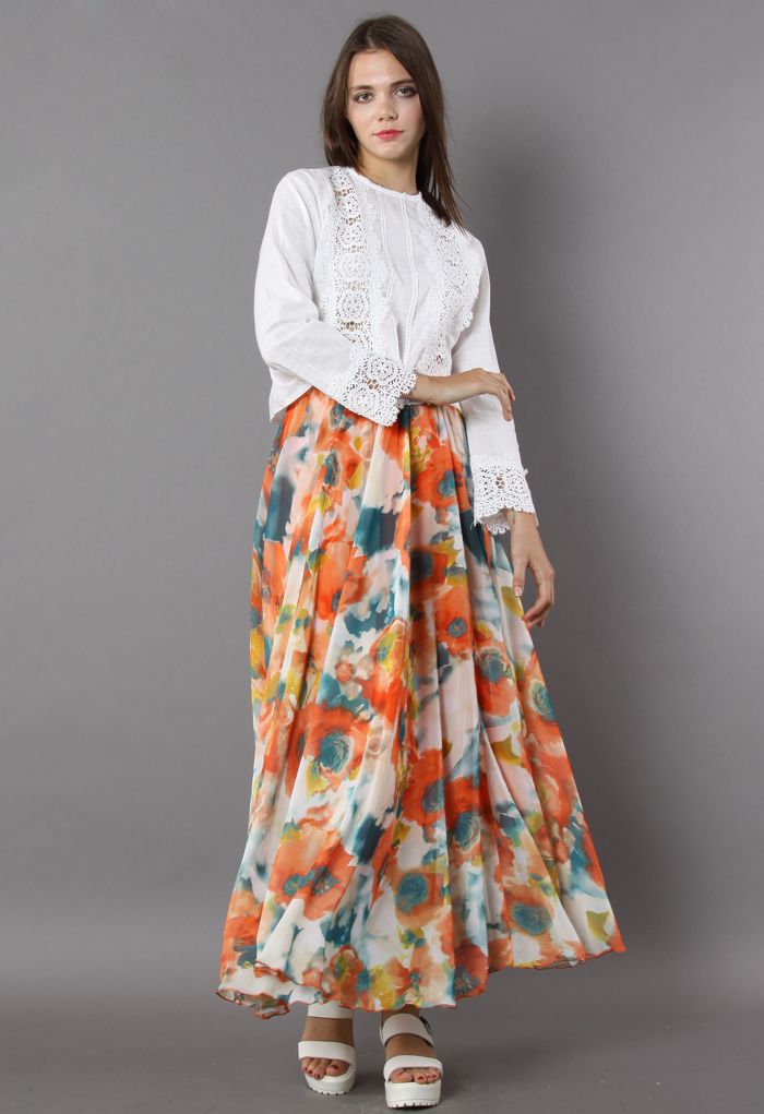 Sunset Canvas Multicolor Floral Print Flared Maxi Skirt