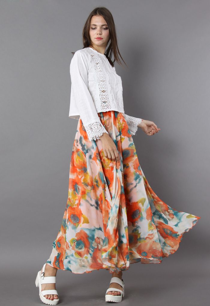 Sunset Canvas Multicolor Floral Print Flared Maxi Skirt