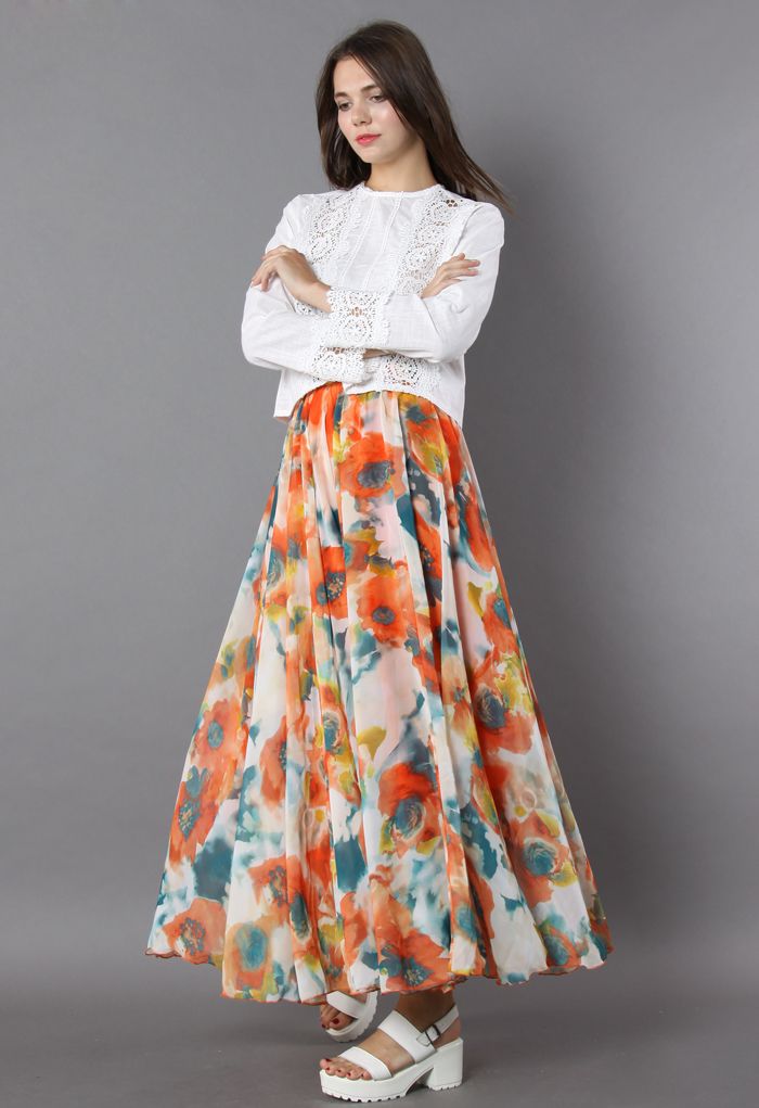 Sunset Canvas Multicolor Floral Print Flared Maxi Skirt