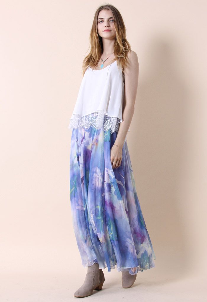 Elegant Lavender Mist Watercolor Maxi Skirt Flowing Silhouette with Soft  Dreamy Pastel Tones for Day to Evening Wear