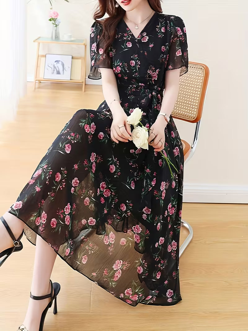 Rose Noir Wrap Midi Dress