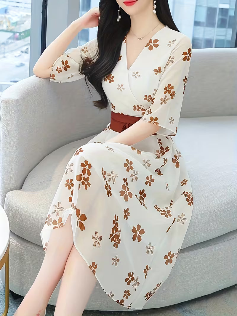 Brown Flower Print Casual with Belt  Midi Dress