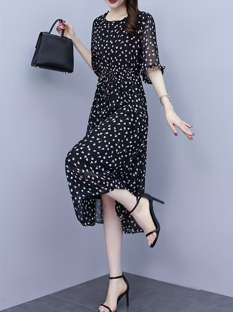 Elegant Black Ditsy Print Midi Dress