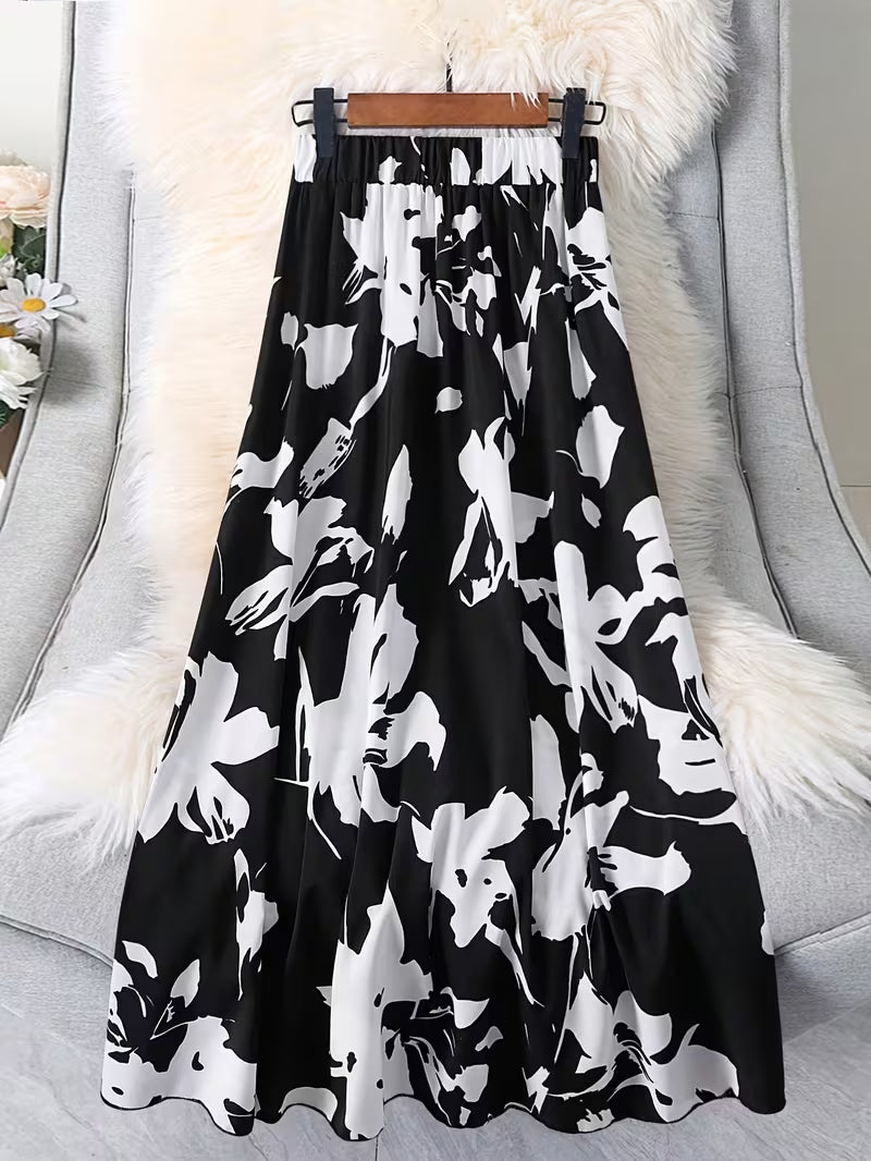 Modern Monochrome Floral Flared Skirt Black Base with White Abstract Florals and Airy Feminine Fit
