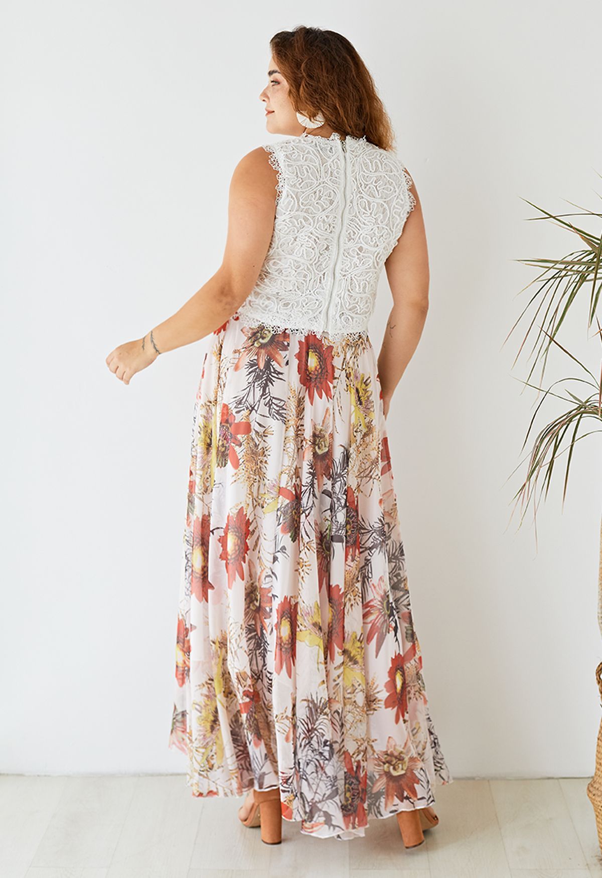 Ivory Bloom Tropical Floral Print Flared Maxi Skirt