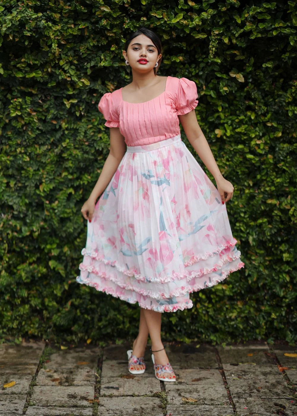 Pink Puff Sleeve Floral Fit & Flare Midi Dress