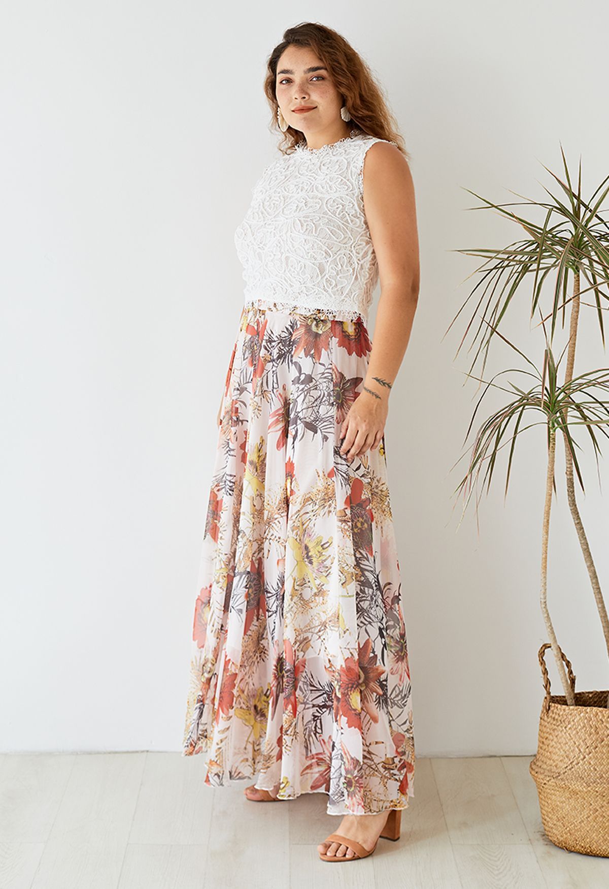 Ivory Bloom Tropical Floral Print Flared Maxi Skirt