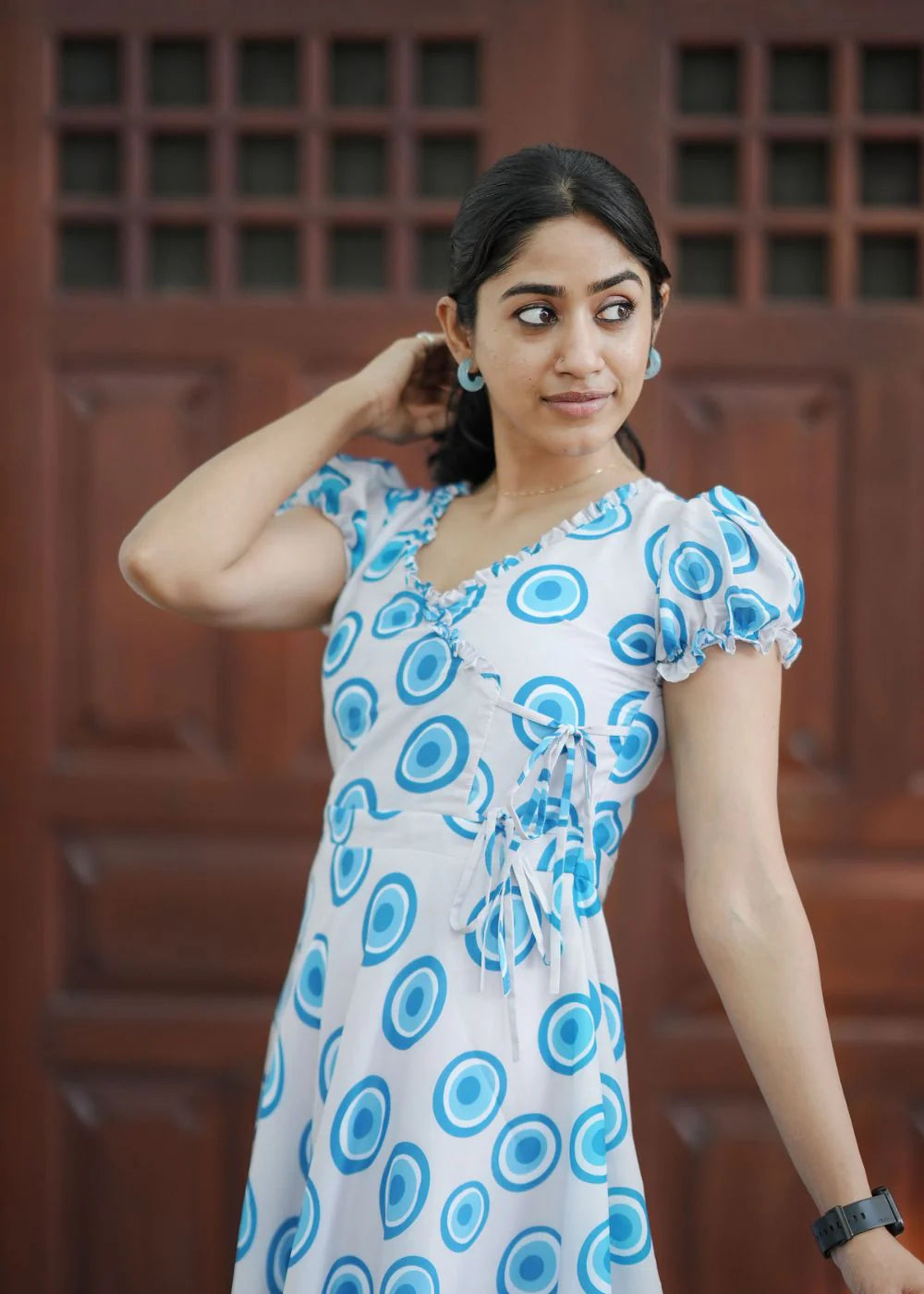 Beautiful grey & blue geometric print muslin dress