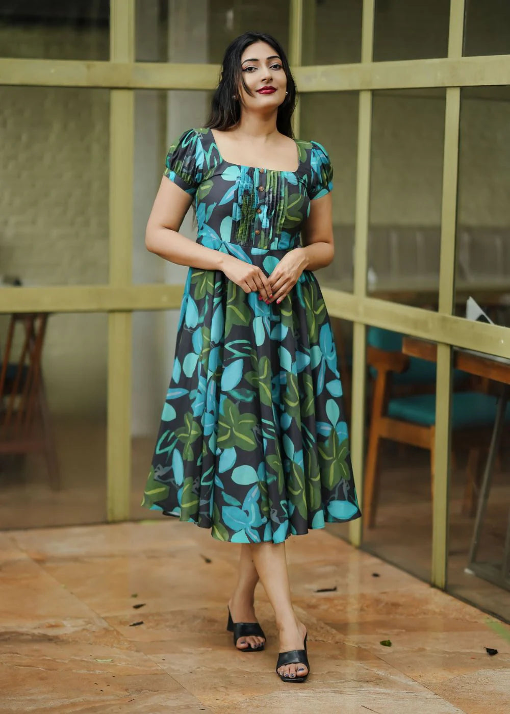 A beautiful black & blue, green abstract print muslin dress