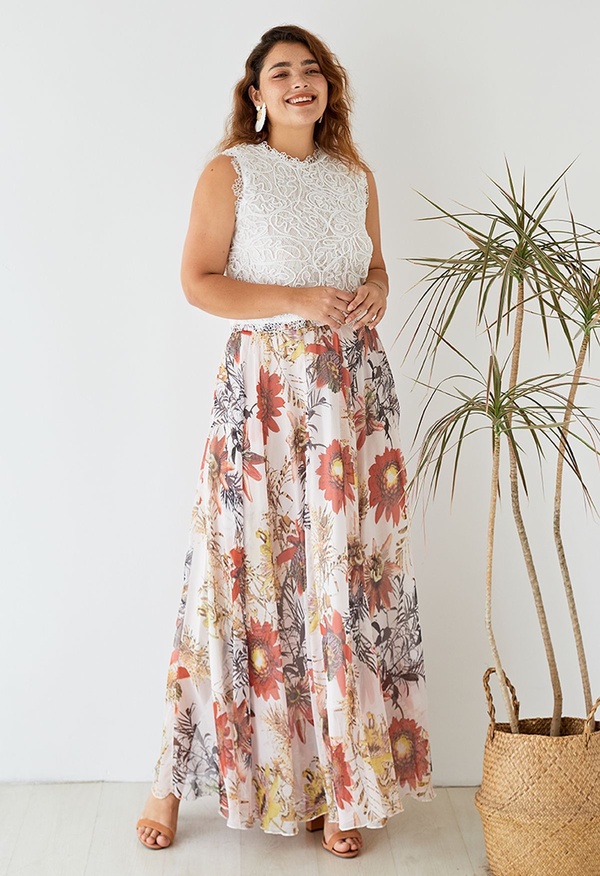 Ivory Bloom Tropical Floral Print Flared Maxi Skirt