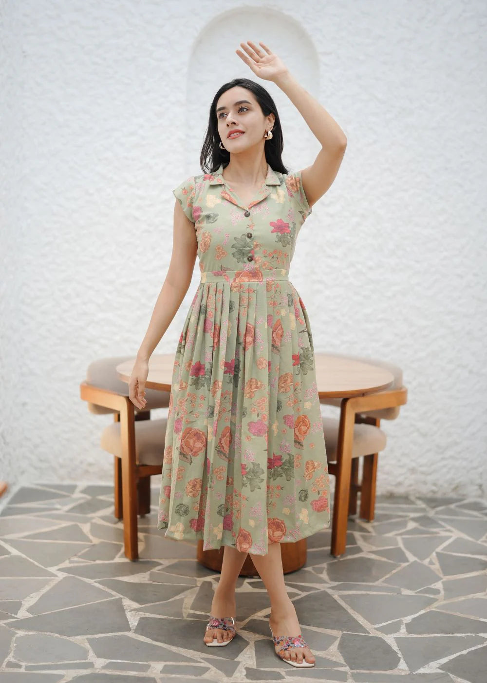 A graceful sage green &amp; multicolour floral print linen dress