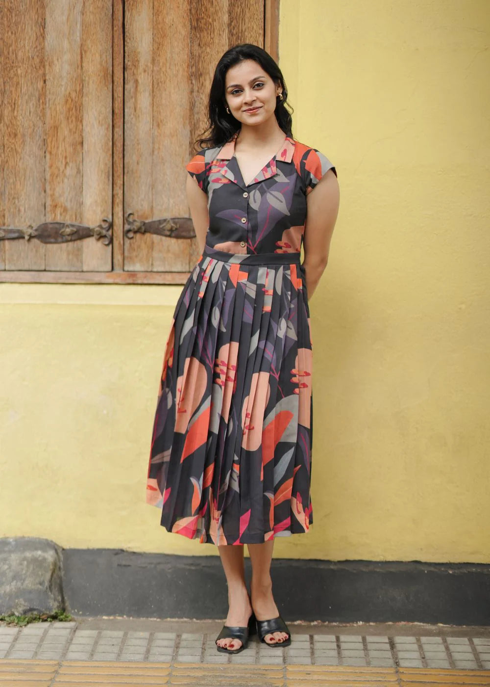 A beautiful black &amp; sage green, orange abstract print dress
