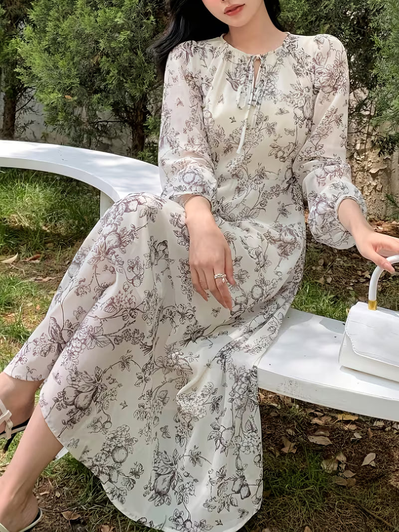 Elegant Monochrome Floral Dress with Lantern Sleeves