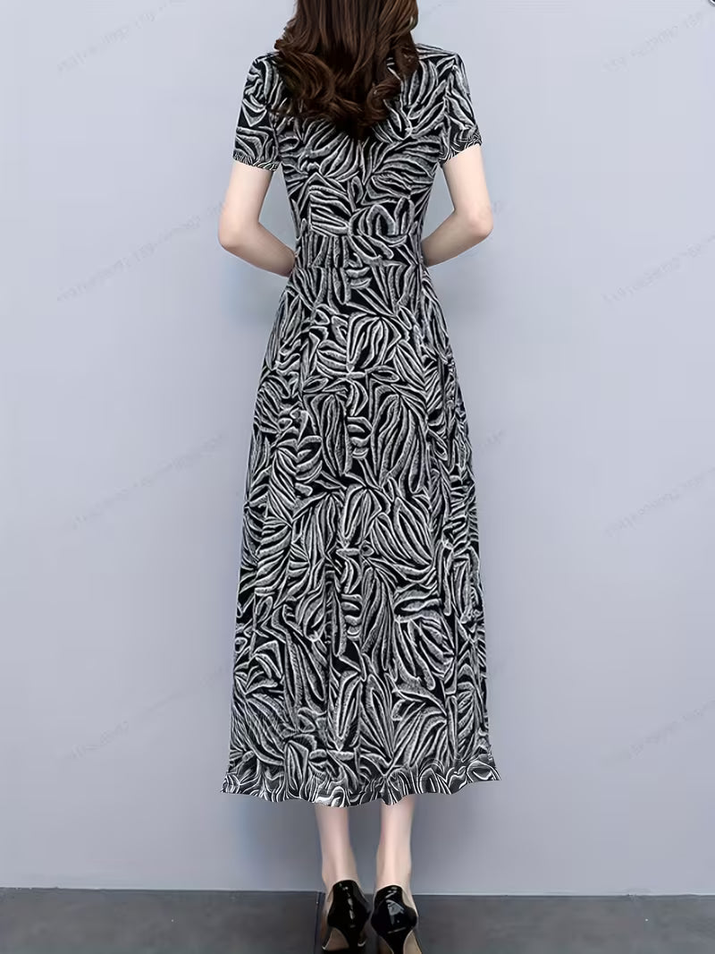 Women’s Monochrome Leaf Print Long  Dress