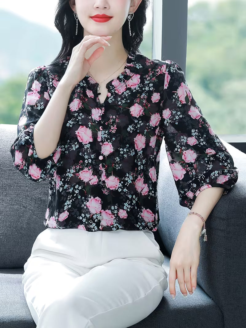 Vintage Rose Print Ruffle-Trim Chiffon Top