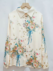 Vintage-Inspired Floral Bouquet Satin With   Pointed Collar  Button-Down Shirt