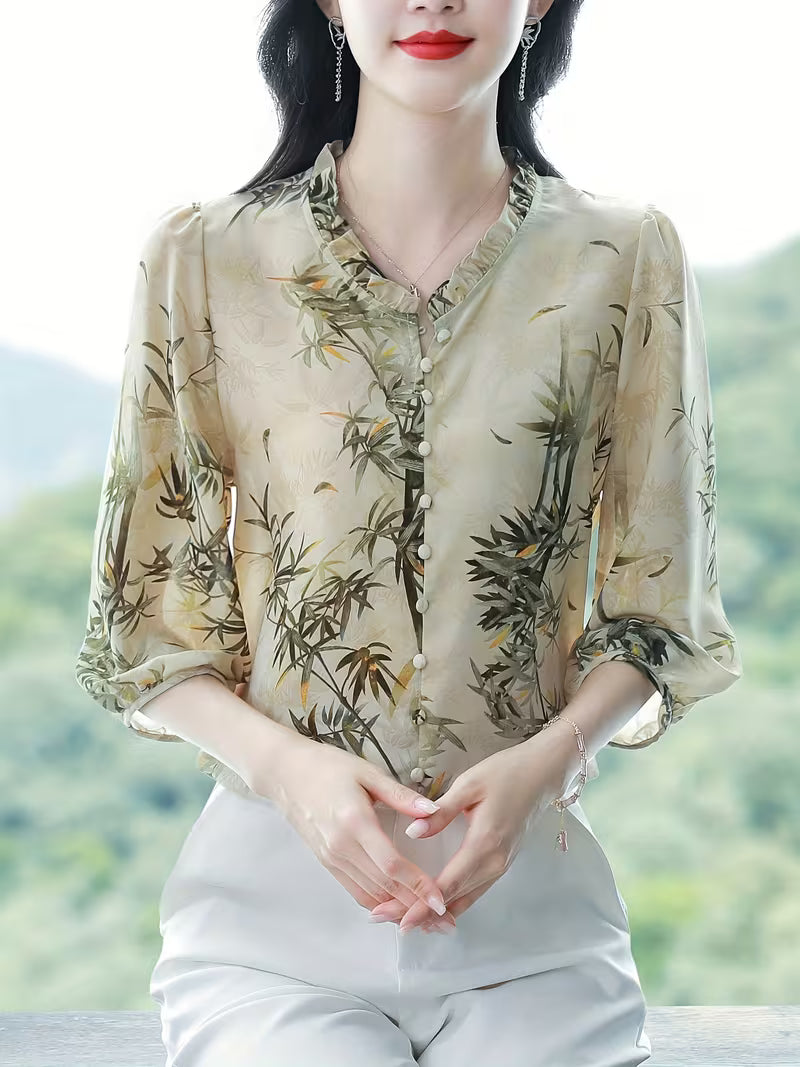 Elegant Bamboo Print Chiffon  with Ruffled V-Neck and 3/4 Sleeves TOP