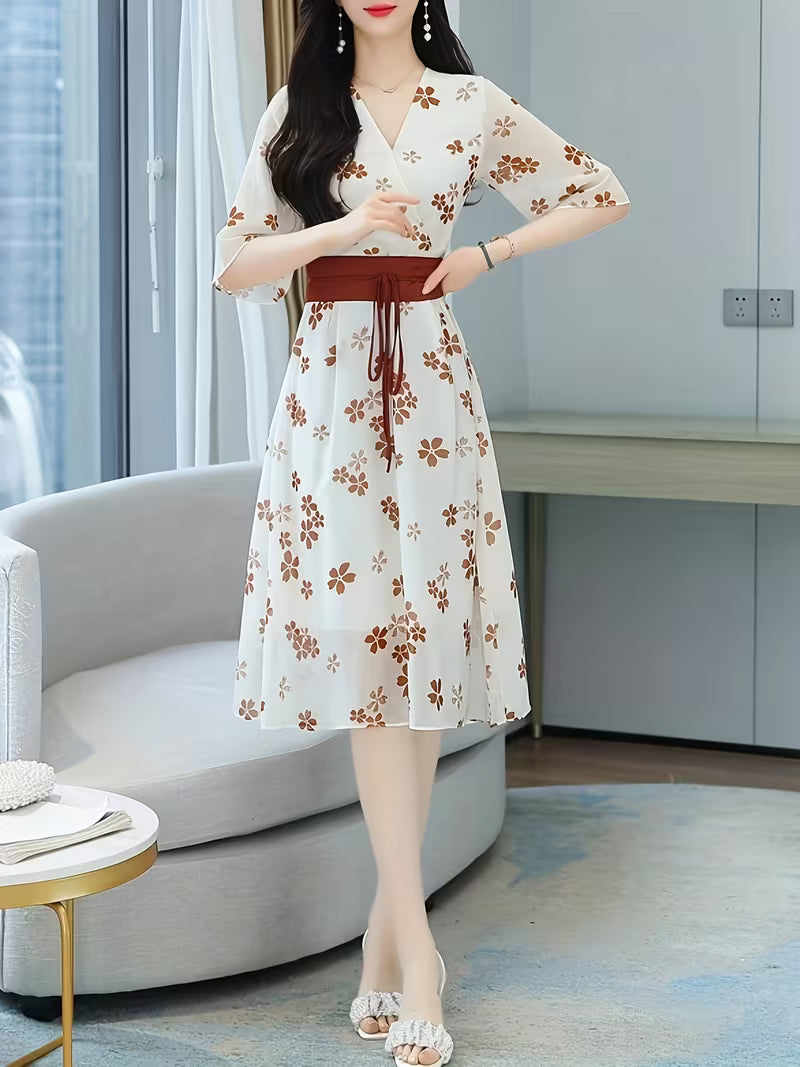 Brown Flower Print Casual with Belt  Midi Dress