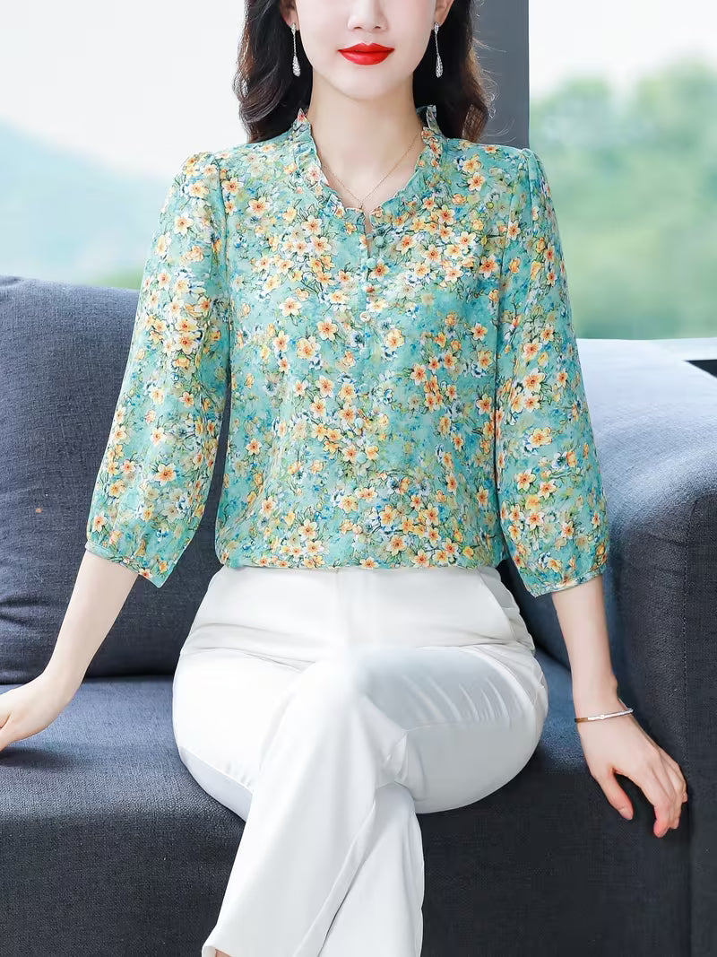 Teal Blue Ditsy Floral Georgette Top