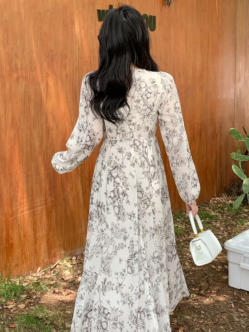 Elegant Monochrome Floral Dress with Lantern Sleeves