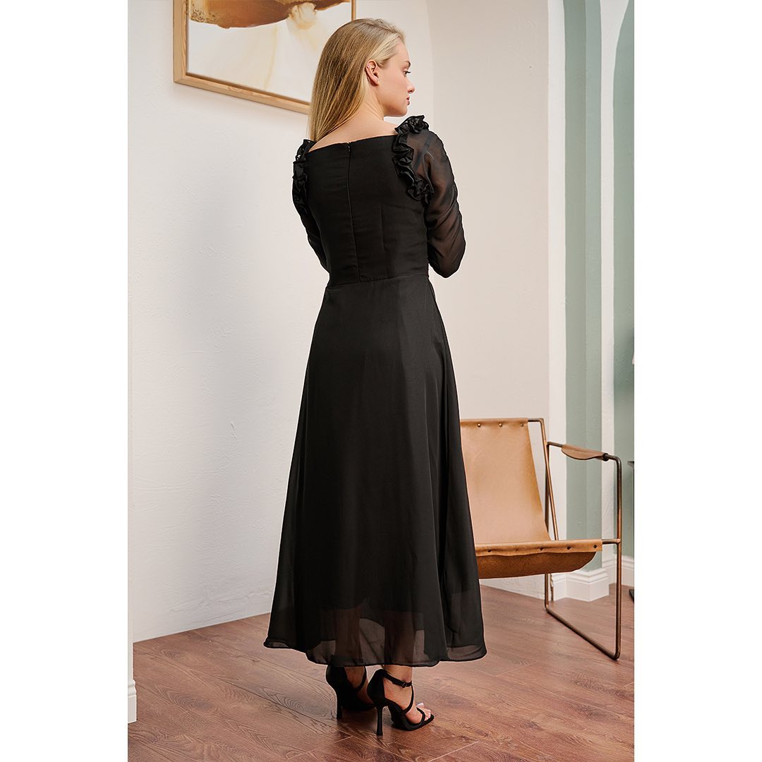 Black Georgette Maxi Dress with Boat Neck, Ruched Sleeves and Pleated Bodice