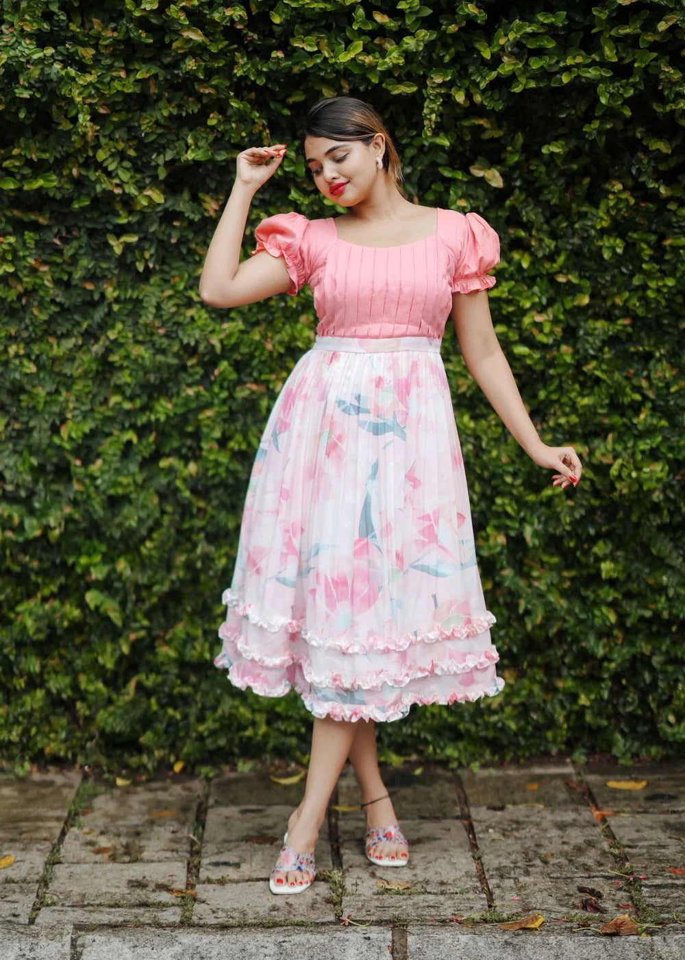 Pink Puff Sleeve Floral Fit & Flare Midi Dress