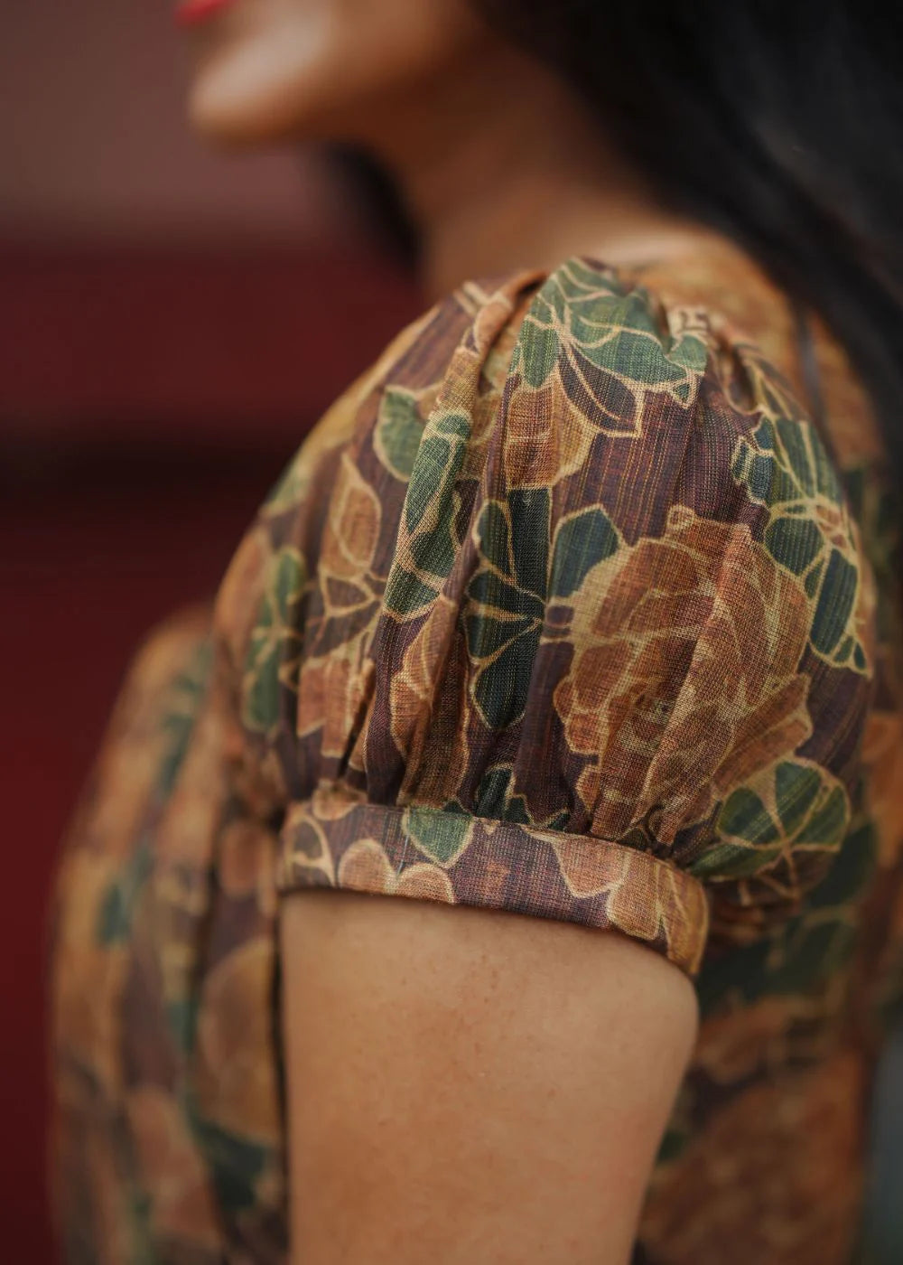 A flowy brown &amp; golden yellow floral print tissue dress