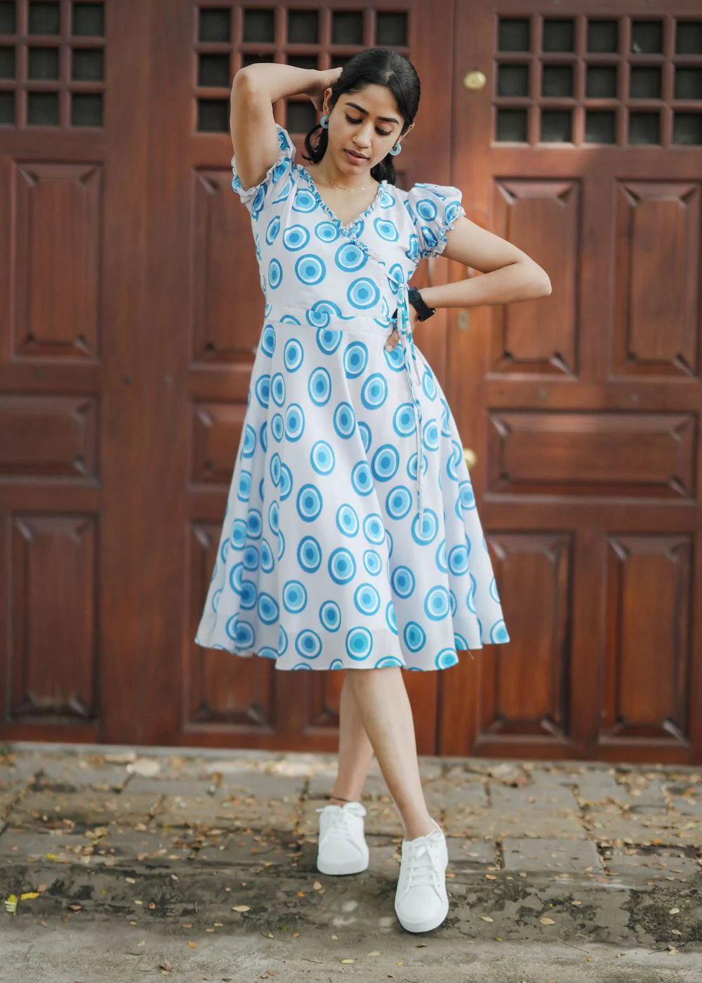Beautiful grey & blue geometric print muslin dress