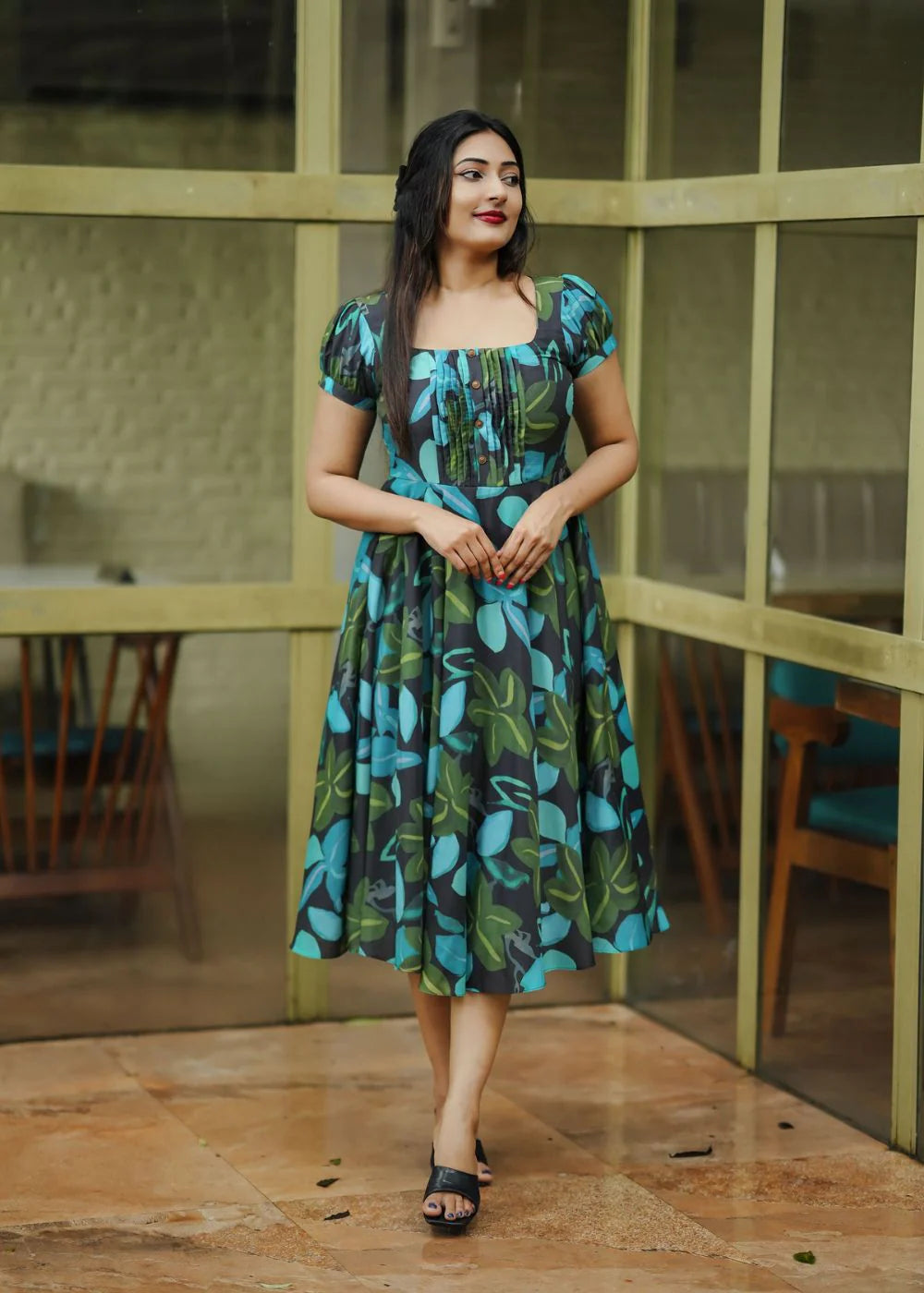 A beautiful black & blue, green abstract print muslin dress