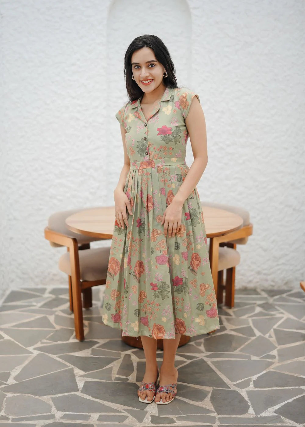 A graceful sage green &amp; multicolour floral print linen dress