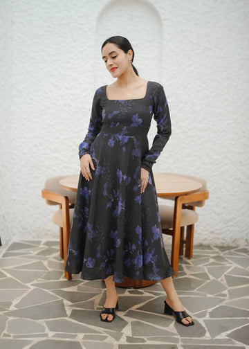 A beautiful black &amp; violet floral print dress