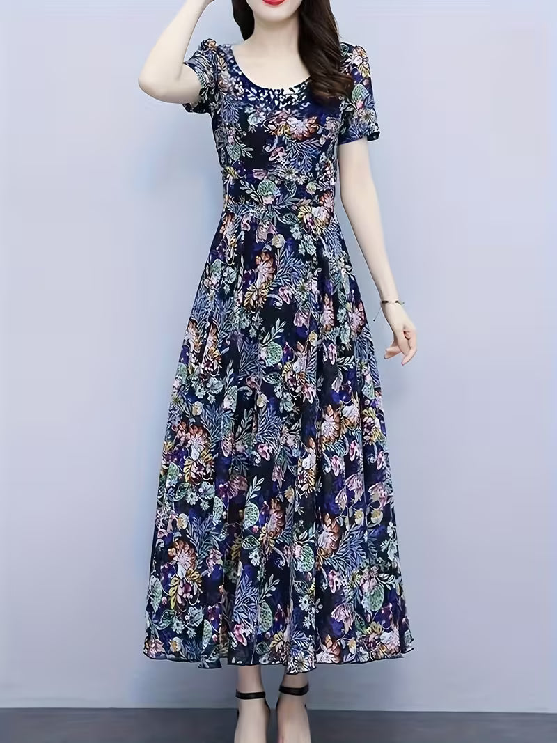Elegant Navy Blue Botanical Floral  Dress - Fit and Flare