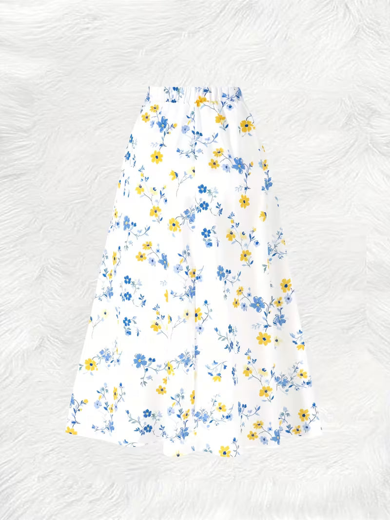 Women Blue Meadow Floral A Line Skirt  Airy Fabric with Graceful Movement and Elegant Pastel