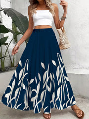 Women’s Navy Blue Leaf Printed Long Skirt