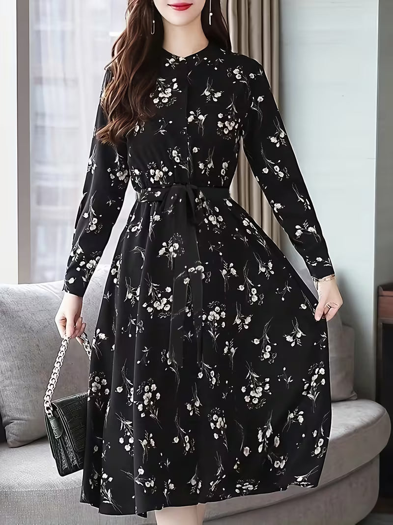 The Midnight Blossom Belted Midi Dress