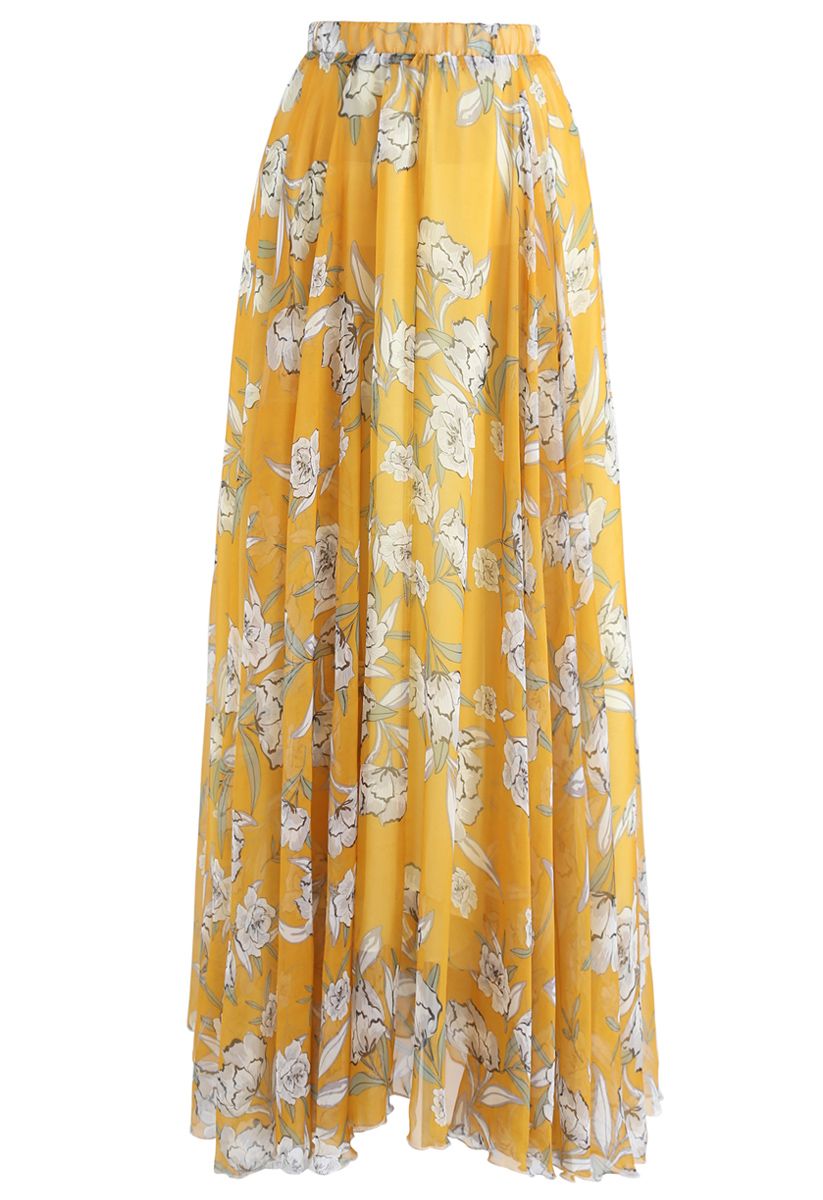 Golden Meadow Floral Georgette Maxi Skirt for Women Featuring a Gentle Flow Lightweight Comfort, and Feminine Charm