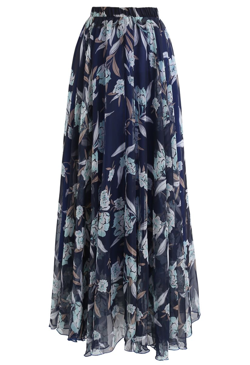 Women Midnight Blue Blossom Floral Printed Maxi Skirt with Lightweight Flowing Fabric and Graceful, Comfortable Fit