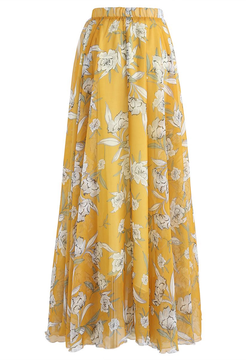 Golden Meadow Floral Georgette Maxi Skirt for Women Featuring a Gentle Flow Lightweight Comfort, and Feminine Charm