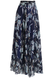 Women Midnight Blue Blossom Floral Printed Maxi Skirt with Lightweight Flowing Fabric and Graceful, Comfortable Fit